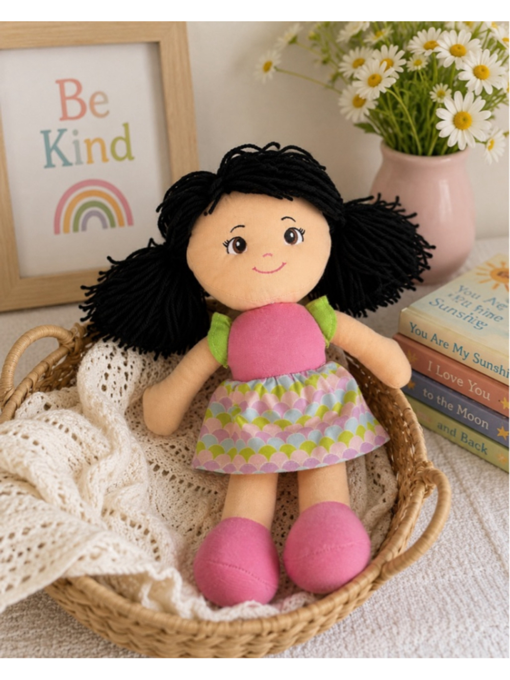 Goffa Soft Rag Doll Plush Black Yarn Pigtails Pink Dress Stuffed Toy Girl